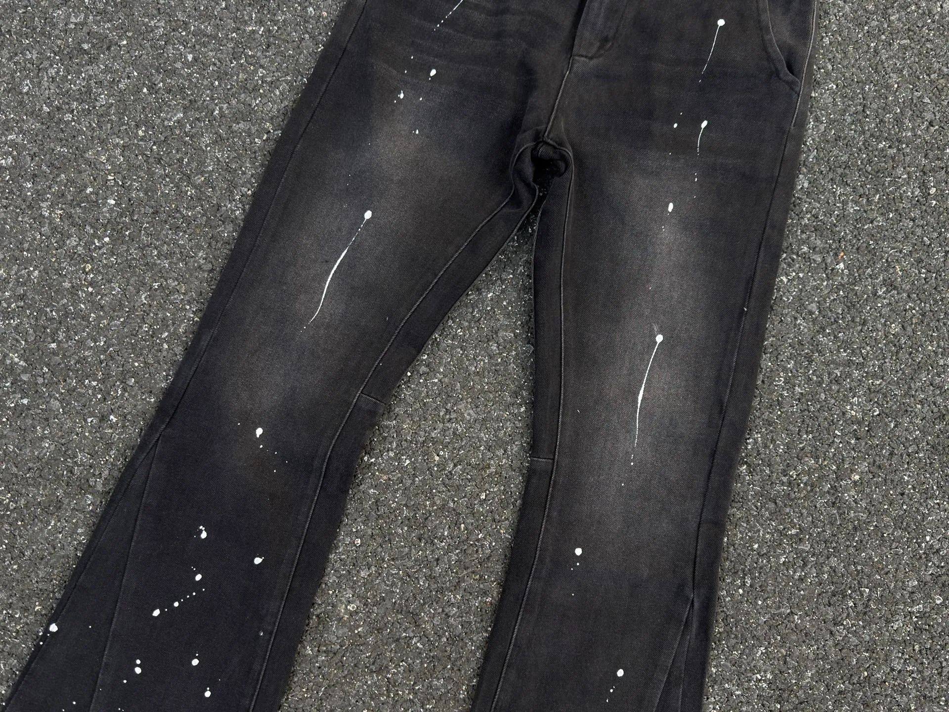 P240💰GA07 Top heavy industry GALLERY DEPT. Spliced ​​ink splash back logo washed retro jeans men and women high street splash ink pants micro-flared casual trousers trendy couple same style Size: 28 30 32 34 36 (corresponds to S M L XL XXL)